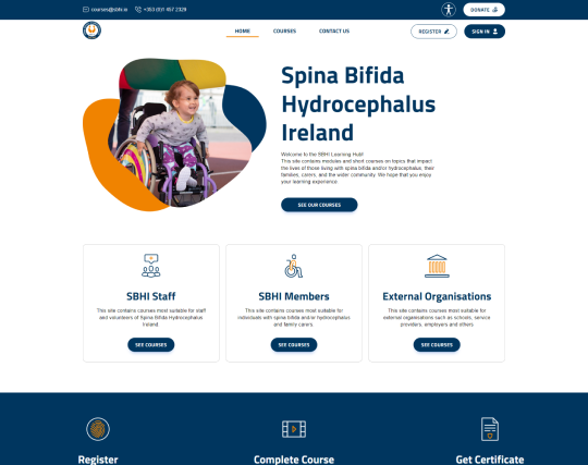 This is an image of the front page of the website I have designed for the Spina Bifida Hydrocephalus Ireland learning platform.